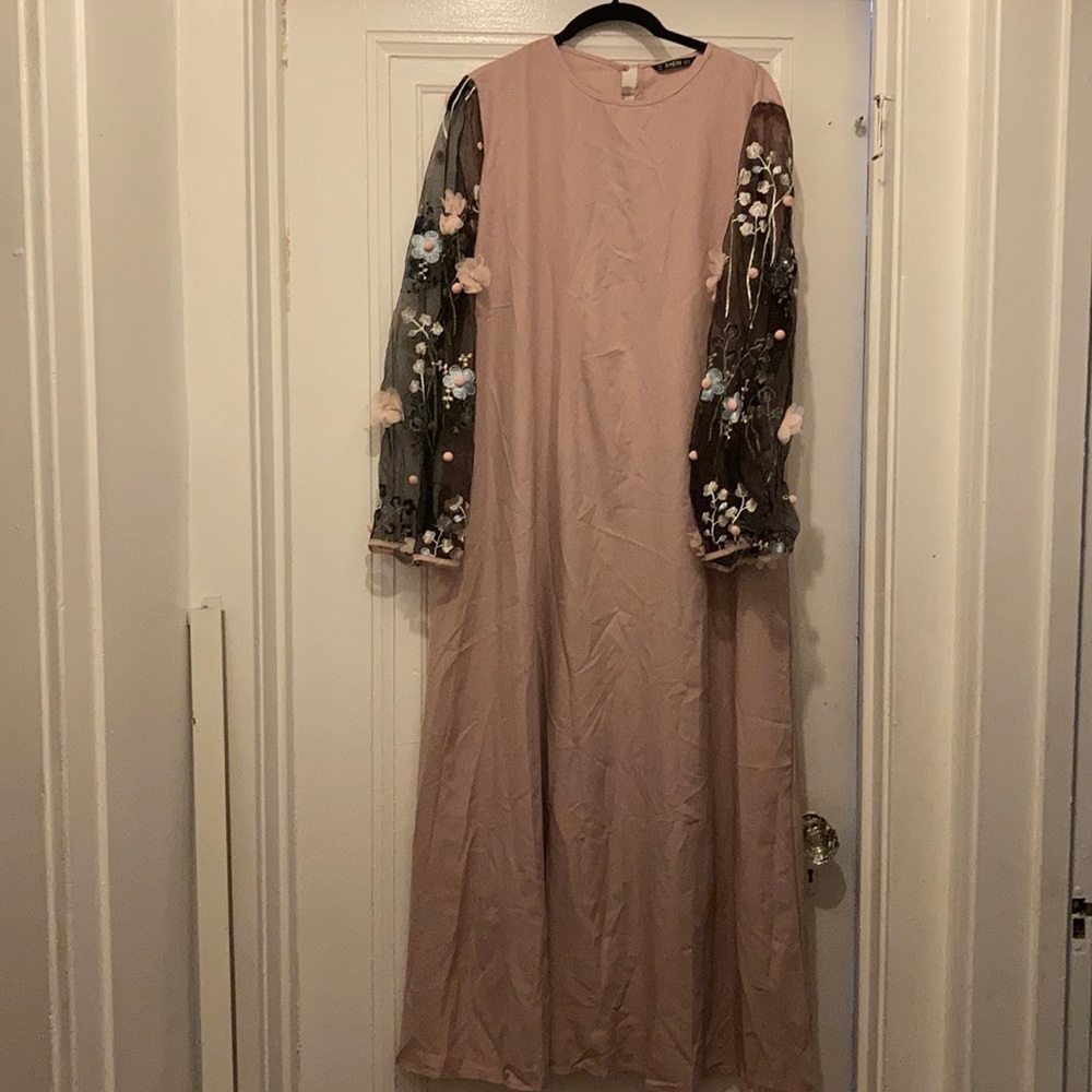 Pink long dress with long sleeve sheer sleeve